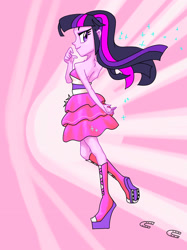 Size: 1280x1707 | Tagged: safe, artist:xjleiu, imported from derpibooru, twilight sparkle, human, equestria girls, equestria girls (movie), backless, bare shoulders, boots, clothes, dress, female, high heels, humanized, platform boots, platform shoes, prom dress, shoes, shoulderless, sleeveless, solo, strapless