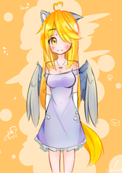 Size: 1447x2039 | Tagged: safe, artist:bubbletea, imported from derpibooru, derpy hooves, human, pegasus, pony, abstract background, ahoge, background, background human, background pony, beautiful, best pony, breasts, bubble, cleavage, clothes, cute, derp, dress, eared humanization, food, g4, gold, hair over one eye, humanized, illustration, jewelry, muffin, necklace, original art, tail, tailed humanization, winged humanization, wings