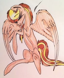 Size: 682x824 | Tagged: safe, artist:beamybutt, imported from derpibooru, oc, oc only, pegasus, pony, :p, eyelashes, eyes closed, female, mare, pegasus oc, signature, solo, tongue out, traditional art, wings