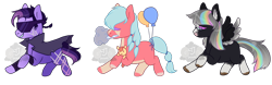 Size: 1400x437 | Tagged: safe, artist:lavvythejackalope, imported from derpibooru, oc, oc only, earth pony, pegasus, pony, balloon, base used, cloak, clothes, colored hooves, earth pony oc, multicolored hair, pegasus oc, rainbow hair, wings