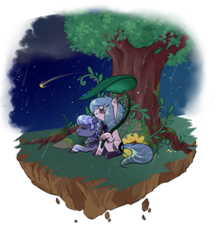 Size: 800x844 | Tagged: safe, artist:lavvythejackalope, imported from derpibooru, oc, oc only, earth pony, pony, commission, duo, earth pony oc, floating island, looking up, lying down, night, outdoors, prone, shooting star, simple background, sitting, smiling, transparent background, tree, ych result