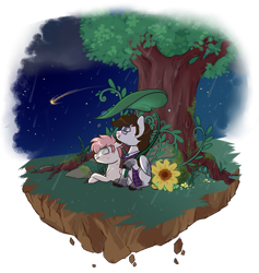 Size: 800x844 | Tagged: safe, artist:lavvythejackalope, imported from derpibooru, oc, oc only, earth pony, pony, clothes, commission, duo, earth pony oc, floating island, looking up, lying down, night, outdoors, prone, scarf, shooting star, simple background, sitting, smiling, transparent background, tree, ych result