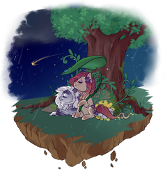 Size: 800x844 | Tagged: safe, artist:lavvythejackalope, imported from derpibooru, oc, oc only, earth pony, pony, commission, duo, earth pony oc, floating island, flower, looking up, lying down, night, outdoors, prone, shooting star, simple background, sitting, smiling, transparent background, tree, ych result