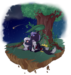 Size: 800x844 | Tagged: safe, artist:lavvythejackalope, imported from derpibooru, oc, oc only, earth pony, pony, clothes, commission, duo, earth pony oc, floating island, flower, looking up, lying down, night, outdoors, prone, shooting star, simple background, sitting, smiling, transparent background, tree, ych result