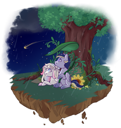 Size: 800x844 | Tagged: safe, artist:lavvythejackalope, imported from derpibooru, oc, oc only, pegasus, pony, commission, duo, ethereal mane, floating island, flower, looking up, lying down, night, outdoors, pegasus oc, prone, shooting star, simple background, sitting, smiling, starry mane, transparent background, tree, wings, ych result