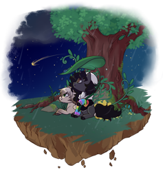 Size: 800x844 | Tagged: safe, artist:lavvythejackalope, imported from derpibooru, oc, oc only, earth pony, pony, beanie, commission, duo, earth pony oc, floating island, flower, hat, looking up, lying down, night, outdoors, prone, shooting star, simple background, sitting, smiling, transparent background, tree, ych result