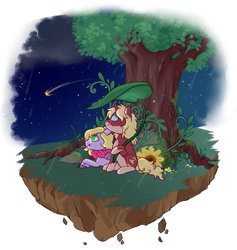 Size: 800x844 | Tagged: safe, artist:lavvythejackalope, imported from derpibooru, oc, oc only, pony, unicorn, commission, duo, floating island, flower, horn, looking up, lying down, night, outdoors, prone, shooting star, simple background, sitting, smiling, transparent background, tree, unicorn oc, ych result