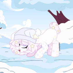 Size: 1080x1080 | Tagged: safe, alternate version, artist:fluffponee, imported from derpibooru, oc, oc only, earth pony, pony, earth pony oc, ethereal mane, eye clipping through hair, face down ass up, female, mare, open mouth, outdoors, smiling, snow, starry mane, tree