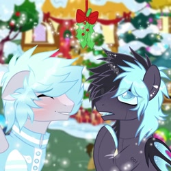 Size: 1080x1080 | Tagged: safe, artist:fluffponee, imported from derpibooru, oc, oc only, bat pony, pegasus, pony, robot, robot pony, bat pony oc, bat wings, blushing, christmas, christmas tree, clothes, duo, eyes closed, holiday, holly, holly mistaken for mistletoe, male, outdoors, pegasus oc, smiling, snow, stallion, tree, wings