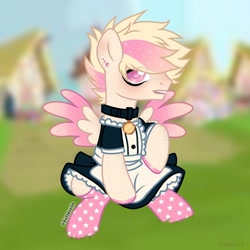 Size: 1080x1080 | Tagged: safe, artist:fluffponee, imported from derpibooru, oc, oc only, pegasus, pony, blushing, building, choker, clothes, crossdressing, dress, ethereal mane, hoof polish, male, outdoors, pegasus oc, sitting, socks, solo, stallion, starry eyes, starry mane, wingding eyes, wings