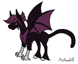 Size: 1346x1116 | Tagged: safe, artist:misskanabelle, imported from derpibooru, oc, oc only, draconequus, bat wings, chest fluff, crack ship offspring, draconequus oc, female, interspecies offspring, offspring, parent:discord, parent:inky rose, signature, simple background, white background, wings