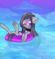 Size: 1354x1448 | Tagged: safe, artist:minty--fresh, imported from derpibooru, marble pie, earth pony, pony, cloud, collar, commission, drink, ear fluff, inner tube, long hair, long mane, long tail, night, night sky, ocean, sky, solo, stars, summer, sunglasses, underhoof, water