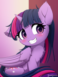 Size: 1350x1800 | Tagged: safe, artist:symbianl, imported from derpibooru, twilight sparkle, alicorn, pony, season 6, to where and back again, blushing, chest fluff, cute, ear fluff, grin, one ear down, scene interpretation, smiling, solo, sparkly eyes, twiabetes, twilight sparkle (alicorn), wingding eyes