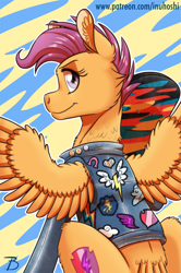 Size: 1101x1656 | Tagged: safe, artist:inuhoshi-to-darkpen, imported from derpibooru, scootaloo, pegasus, pony, clothes, ear fluff, jacket, looking at you, looking back, looking back at you, patch, scooting, skateboard, solo, wing fluff