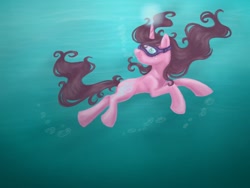 Size: 960x720 | Tagged: safe, artist:lavenderrain24, imported from derpibooru, oc, oc only, pony, unicorn, blue eyes, bubble, crepuscular rays, dive mask, diving goggles, female, flowing mane, looking up, ocean, solo, speedpaint, sunlight, swimming, underwater, water