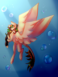 Size: 1500x2000 | Tagged: safe, artist:avmire, imported from derpibooru, oc, oc only, pegasus, pony, blue eyes, bubble, crepuscular rays, feather, female, flying, green eyes, ocean, smiling, solo, spread wings, sunlight, tail, underwater, water, wings