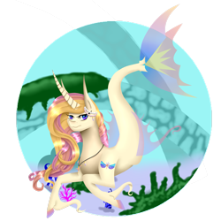 Size: 2449x2449 | Tagged: safe, artist:rainbowshimmers, imported from derpibooru, oc, oc only, merpony, pony, seapony (g4), unicorn, coral, female, fish tail, flowing mane, flowing tail, high res, horn, jewelry, looking at you, necklace, ocean, pearl necklace, purple eyes, seaponified, seaweed, solo, species swap, tail, underwater, water