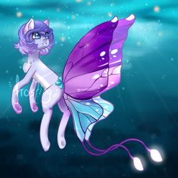 Size: 600x600 | Tagged: safe, artist:xfrosting, imported from derpibooru, oc, oc only, earth pony, pony, blue eyes, bubble, butterfly wings, crepuscular rays, glow, glowing, ocean, purple mane, smiling, solo, sunlight, underwater, water, wings