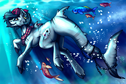 Size: 1500x1000 | Tagged: safe, artist:hohda, imported from derpibooru, oc, oc only, fish, merpony, pony, blue mane, bubble, cap, chains, crepuscular rays, dorsal fin, ear fluff, fish tail, hat, ocean, red eyes, smiling, solo, sunlight, swimming, tail, underwater, unshorn fetlocks, water