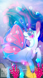 Size: 400x712 | Tagged: safe, artist:tihuilazuli, edit, imported from derpibooru, oc, oc only, pegasus, pony, seapony (g4), blue mane, blushing, bubble, butterfly wings, commission, coral, crepuscular rays, fin wings, flowing mane, logo, logo edit, ocean, open mouth, purple eyes, seaponified, smiling, solo, species swap, sunlight, underwater, water, wings