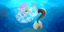 Size: 2000x1000 | Tagged: safe, artist:dashkatortik12222222, imported from derpibooru, oc, oc only, merpony, pegasus, pony, bubble, crepuscular rays, dorsal fin, fish tail, flowing tail, looking at each other, ocean, signature, spread wings, sunlight, swimming, tail, underwater, water, wings
