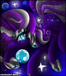 Size: 2290x2619 | Tagged: safe, artist:rocioam7, imported from derpibooru, nightmare rarity, pony, unicorn, armor, blue eyes, bubble, colored pupils, crown, eyelashes, female, flowing tail, gem, glow, glowing, high res, holding breath, hoof shoes, horn, jewelry, looking up, ocean, purple mane, regalia, solo, stars, swimming, tail, underwater, water