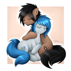 Size: 2480x2480 | Tagged: safe, artist:puggie, artist:renaphin, imported from derpibooru, oc, oc:proxy, oc:rena heartstep, earth pony, pony, beard, couple, cuddling, facial hair, female, high res, male, simple background, straight