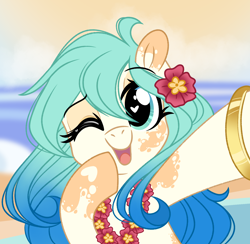 Size: 2190x2134 | Tagged: safe, artist:emberslament, imported from derpibooru, oc, oc only, oc:seascape, earth pony, pony, beach, bracelet, coat markings, cute, dappled, earth pony oc, female, flower, flower in hair, gradient mane, happy, high res, jewelry, lei, looking at you, mare, not coco pommel, ocbetes, one eye closed, open mouth, selfie, wink, winking at you