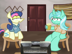 Size: 2048x1536 | Tagged: safe, artist:shunks, imported from derpibooru, bon bon, lyra heartstrings, sweetie drops, earth pony, pony, unicorn, friendship is magic, cider, cider mug, coat hanger, crossover, digital art, door, duo, female, lesbian, lyrabon, meme, mug, painting, redlettermedia, shipping, sitting, sitting lyra, sitting lyra style, television, wooden floor, youtuber