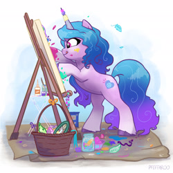 Size: 2048x2048 | Tagged: safe, artist:pfeffaroo, imported from derpibooru, izzy moonbow, pony, unicorn, :q, basket, beads, bipedal, creativity, cute, easel, female, g5, high res, izzybetes, mare, painting, solo, tongue out