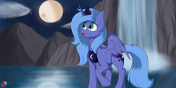 Size: 1280x640 | Tagged: safe, artist:joaothejohn, imported from derpibooru, princess luna, alicorn, pony, moon, mountain, night, s1 luna, scenery, solo, waterfall