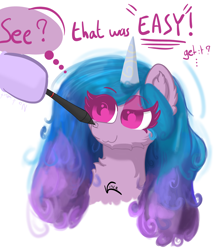 Size: 1902x2191 | Tagged: safe, artist:vinca, imported from derpibooru, izzy moonbow, pony, unicorn, g5, looking up, pen, pun, solo