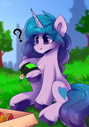 Size: 1400x2000 | Tagged: safe, artist:shadowreindeer, imported from derpibooru, izzy moonbow, pony, unicorn, fallout equestria, box, calculator, chest fluff, ear fluff, eyelashes, fallout, female, g5, grass, mare, pipboy, pipbuck, question mark, sitting, sky, solo, tree, unshorn fetlocks, vault boy, watch