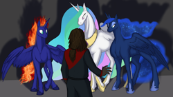 Size: 1000x563 | Tagged: safe, artist:foxenawolf, imported from derpibooru, princess celestia, princess luna, oc, oc:destined path, alicorn, human, pony, fanfic:cosmic lotus, alicorn oc, blue fur, clothes, ethereal mane, fanfic art, female, horn, male, mane of fire, starry mane, white fur, wings