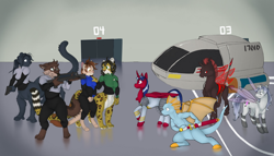 Size: 1000x571 | Tagged: artist needed, safe, imported from derpibooru, oc, oc:amethyst scroll, oc:commander rosepetal, oc:eon path, oc:wandering path, alicorn, anthro, cat, chakat, changeling, original species, pony, taur, fanfic:cosmic lotus, chakat forestwalker, chakat midnight, clothes, fanfic art, female, gun, male, red changeling, space shuttle, sword, weapon