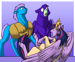 Size: 1000x818 | Tagged: safe, artist:foxenawolf, imported from derpibooru, twilight sparkle, oc, oc:blue streak (goldfur), oc:lucida path, alicorn, earth pony, griffon, pony, fanfic:quantum gallop, birthday dress, blue fur, female, male, surprised, twilight sparkle (alicorn), wings