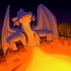 Size: 1000x1000 | Tagged: safe, artist:foxenawolf, imported from derpibooru, oc, oc only, oc:eon path, anthro, dragon, fanfic:cosmic lotus, eyes closed, fanfic art, lava, lava bathing, male, solo