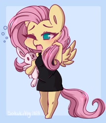 Size: 1460x1680 | Tagged: safe, artist:sakukitty, imported from derpibooru, fluttershy, anthro, pegasus, rabbit, unguligrade anthro, animal, blushing, breasts, busty fluttershy, clothes, cute, daaaaaaaaaaaw, dress, female, no pupils, one eye closed, open mouth, plushie, shyabetes, sleepy, sleeveless, solo, teary eyes, volumetric mouth, yawn