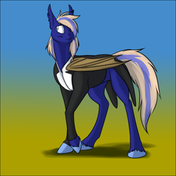 Size: 1000x1000 | Tagged: safe, artist:foxenawolf, imported from derpibooru, oc, oc only, oc:penumbra path, bat pony, pony, fanfic:cosmic lotus, blue fur, clothes, fanfic art, male, parent:oc, solo, unshorn fetlocks