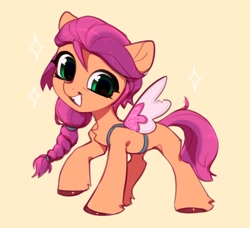 Size: 1292x1180 | Tagged: safe, artist:vensual99, imported from derpibooru, sunny starscout, earth pony, pony, chest fluff, cute, fake wings, female, filly, filly sunny starscout, g5, leg fluff, looking at you, my little pony: a new generation, orange background, simple background, smiling, solo, sunnybetes