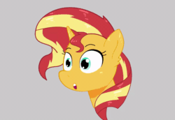 Size: 800x549 | Tagged: safe, artist:another_pony, imported from derpibooru, sunset shimmer, pony, unicorn, :o, :t, animated, blinking, bust, female, floppy ears, frown, gif, gray background, lidded eyes, mare, open mouth, portrait, shrunken pupils, simple background, solo