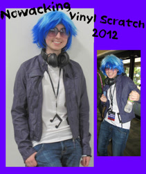 Size: 822x972 | Tagged: safe, artist:nowacking, imported from derpibooru, dj pon-3, vinyl scratch, human, bronycon, bronycon 2012, 2012, clothes, cosplay, costume, headphones, irl, irl human, jesse nowack, photo, smiling, sunglasses, water bottle