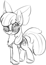 Size: 564x804 | Tagged: safe, artist:litrojia, imported from derpibooru, apple bloom, earth pony, pony, chest fluff, clothes, female, filly, glasses, grayscale, looking at you, monochrome, one-piece swimsuit, sandals, simple background, sketch, smiling, smiling at you, solo, sunglasses, swimsuit, white background