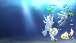 Size: 3265x1837 | Tagged: safe, artist:ketirz, imported from derpibooru, derpy hooves, oc, fish, pegasus, pony, bubble, crepuscular rays, dive mask, diving goggles, female, fish tail, food, muffin, ocean, smiling, spread wings, sunlight, swimming, underwater, wallpaper, water, wings, yellow eyes