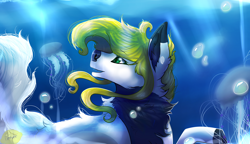 Size: 3230x1857 | Tagged: safe, artist:timbermutt, imported from derpibooru, oc, oc only, jellyfish, pony, bubble, chest fluff, crepuscular rays, ear fluff, eyelashes, green eyes, ocean, open mouth, smiling, solo, sunlight, swimming, underwater, water, yellow mane