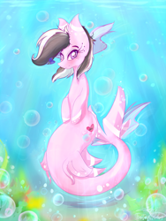 Size: 1500x2000 | Tagged: safe, artist:tractaresolidum, imported from derpibooru, oc, oc only, oc:ashee, merpony, original species, shark, shark pony, bubble, commission, crepuscular rays, dorsal fin, eyelashes, female, fish tail, flowing mane, flowing tail, looking at you, purple eyes, seaweed, signature, smiling, solo, sunlight, tail, underwater, ych result