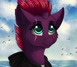 Size: 1373x1200 | Tagged: safe, artist:crimsonwolf360, imported from derpibooru, fizzlepop berrytwist, tempest shadow, bird, pony, unicorn, my little pony: the movie, broken horn, clothes, cute, eye scar, female, horn, mare, ocean, scar, smiling, solo, tempestbetes