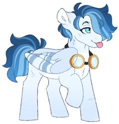 Size: 1024x1069 | Tagged: safe, artist:hauntedphantom, imported from derpibooru, oc, oc only, pegasus, pony, goggles, hair over one eye, magical gay spawn, offspring, parent:shining armor, parent:soarin', parents:soarinarmor, simple background, solo, tongue out, transparent background