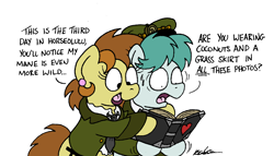 Size: 2194x1254 | Tagged: safe, artist:bobthedalek, imported from derpibooru, oc, oc only, oc:bubble pump, oc:clippy ticket, earth pony, pegasus, pony, atg 2021, clothes, ear piercing, earring, hat, hug, jewelry, nervous, newbie artist training grounds, photo album, piercing, pinpoint eyes, shaking, sweat, sweatdrop, we don't normally wear clothes