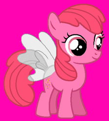 Size: 409x457 | Tagged: safe, artist:kammythepanic, imported from derpibooru, honeysuckle, flutter pony, pony, female, filly, g1, g1 to g4, g4, generation leap, pink background, simple background, smiling, solo, sparkles, wings